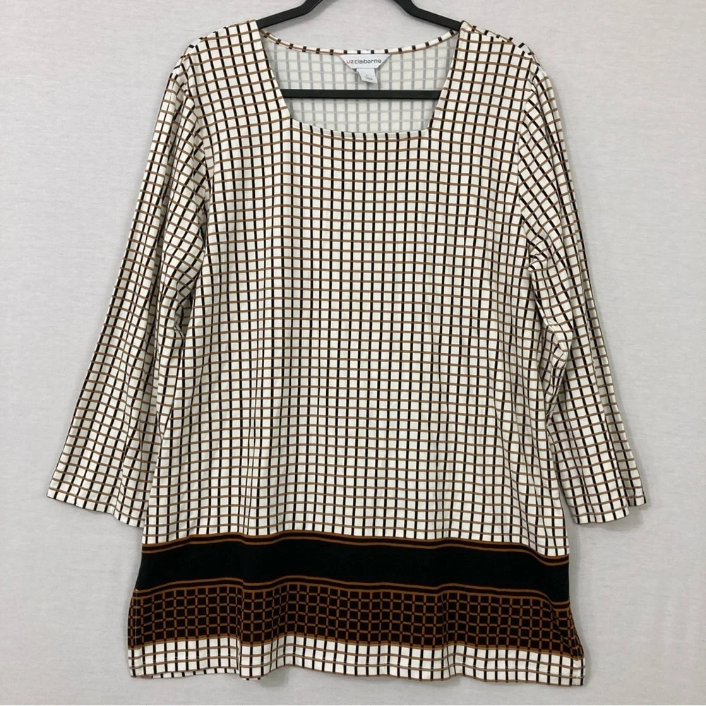 Liz Claiborne Brown Black Plaid Square Neck Stretch Pullover Top Large